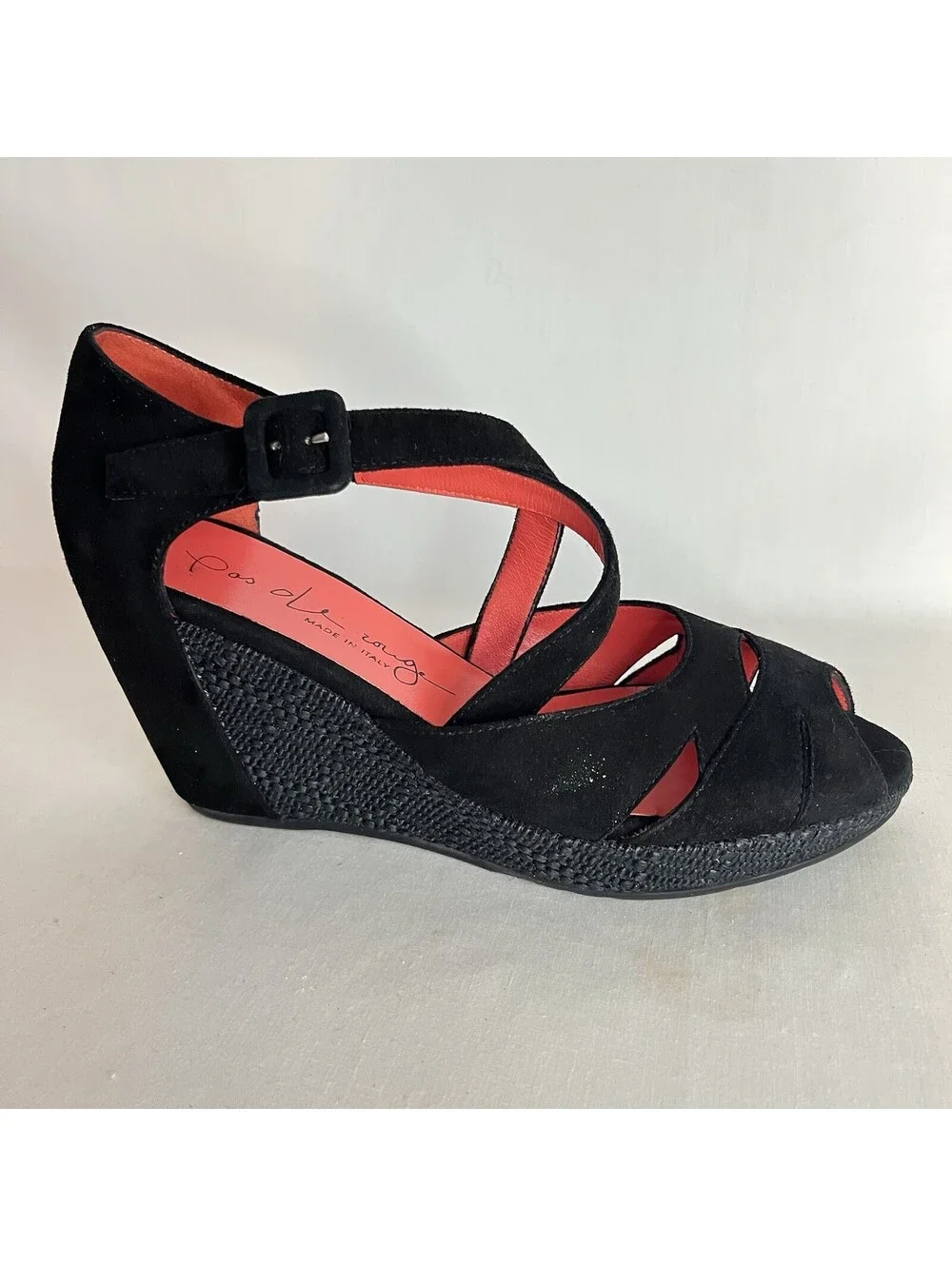 Pas De Rouge Italy Black Suede Platform Wedge Sandal Sz 37 US 6.5